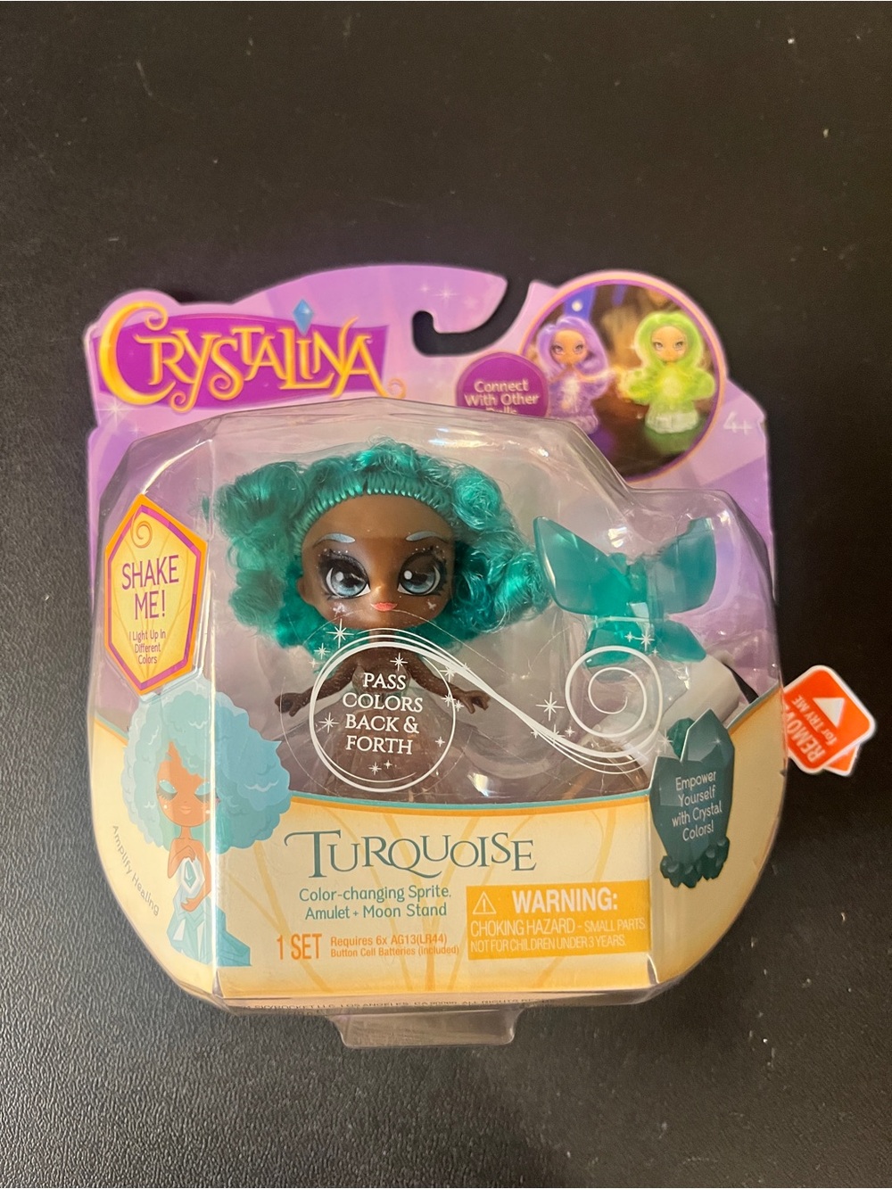 Crystalina Sprite Turquoise 4" Doll Lights Up W/Wearable Color Changing Amulet